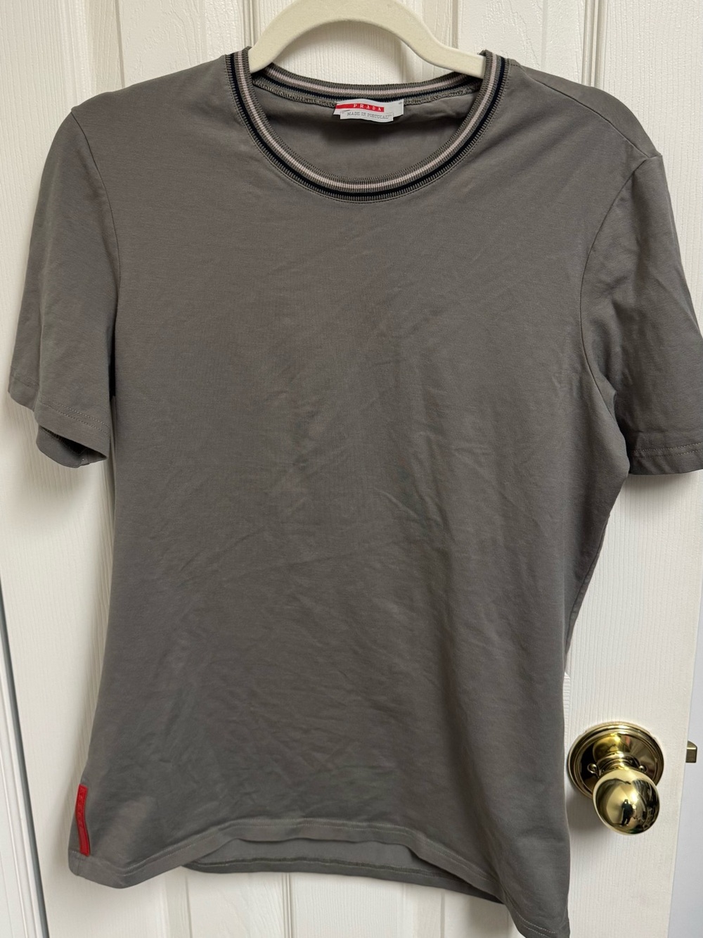 Prada Men's Gray Short-Sleeve Crewneck Tee with Subtle Trim